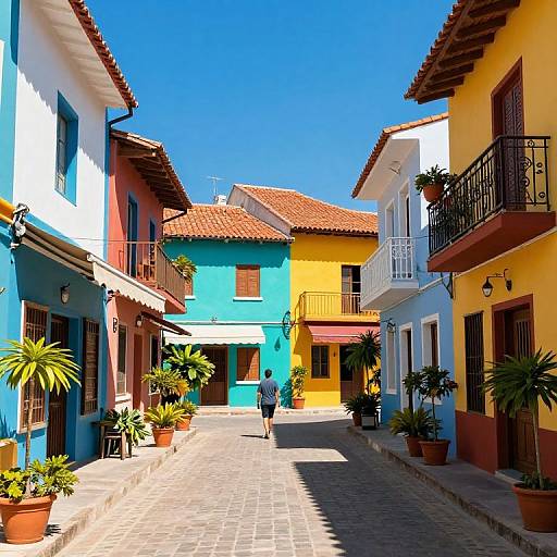 Colorful colonial street photograph: Brightly painted houses in blue, yellow, white, and red, potted plants, tiled roofs, cobblestone