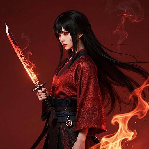Digital art of a fierce, black-haired woman in a red kimono holding a flaming sword against a red background.