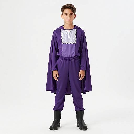 Photograph of a young boy with short brown hair, wearing a purple medieval-style tunic with white lace, long sleeves, and black boots, standing