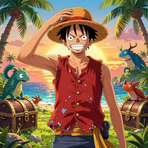 Digital anime-style drawing of a grinning, tan-skinned pirate with black hair, wearing a tattered red shirt, straw hat, and blue pants