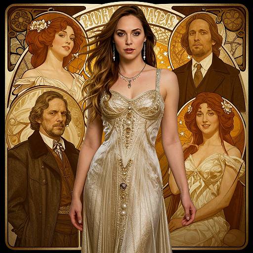 Photograph of a brunette woman in a golden, beaded dress, surrounded by Art Nouveau-style illustrations of a man and three women.