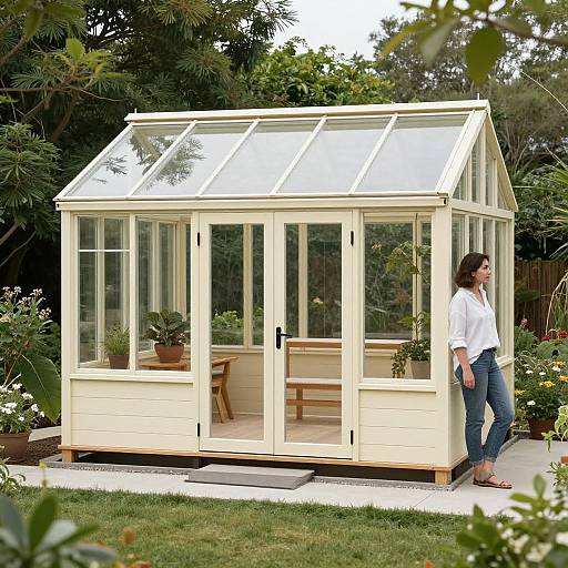 Photograph of a woman in a white shirt and blue jeans standing beside a small, cream-colored glass greenhouse with potted plants inside.