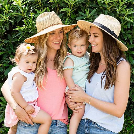 Photograph of three women and two children wearing straw hats, smiling outdoors against lush green foliage. Women in pink and white tops, children in white and