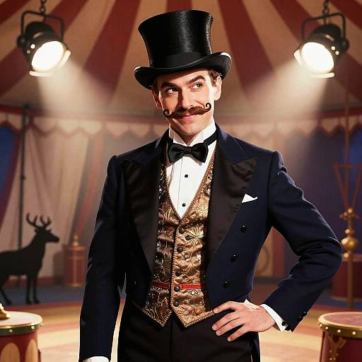 Photograph of a mustachioed man in a black top hat, black tuxedo, gold vest, bow tie, standing confidently in a