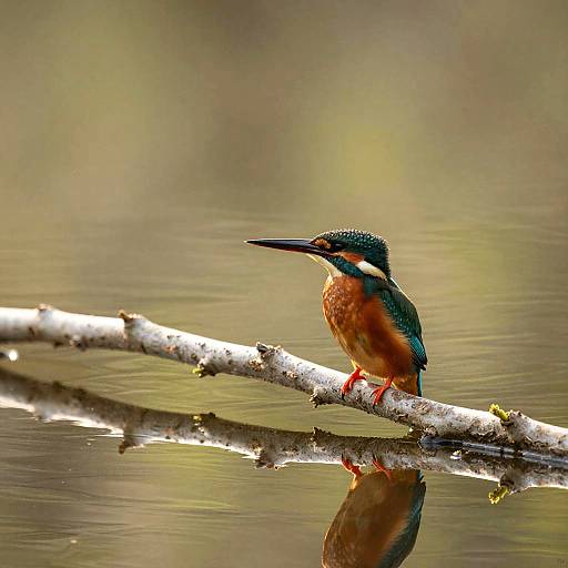 Photograph of a vibrant kingfisher with iridescent blue-green feathers and orange chest, perched on a branch over reflective water.