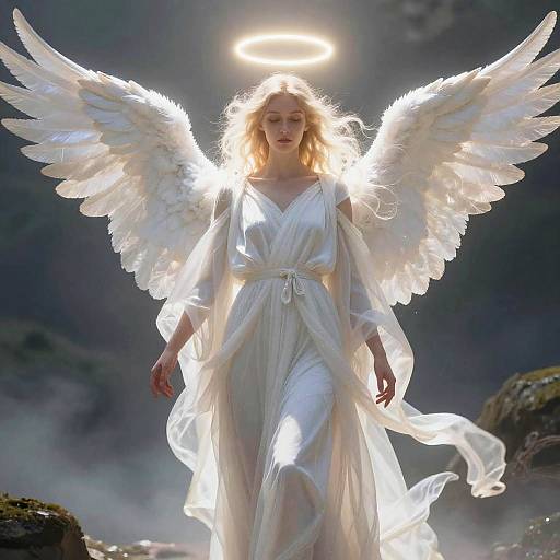 Photograph of a glowing angelic woman with white wings and halo, wearing a flowing white gown, standing against a dark, cloudy sky.