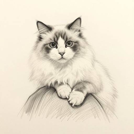 Black-and-white sketch of a fluffy, long-haired cat with dark markings around its eyes and ears, perched on a curved surface.