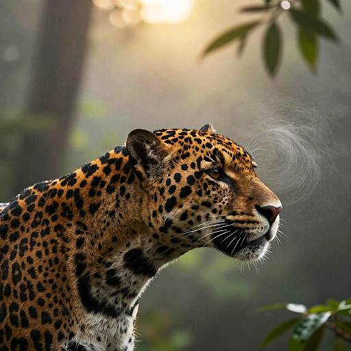 Photograph of a majestic leopard with golden fur and black spots, exhaling a breath mist, against a blurred, sunlit forest background.