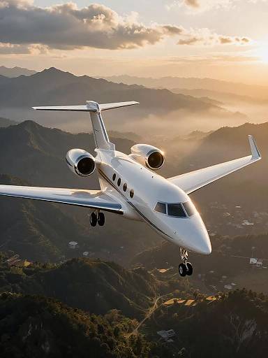 Private Business Jet Flying Over Mountain Range at Golden Hour