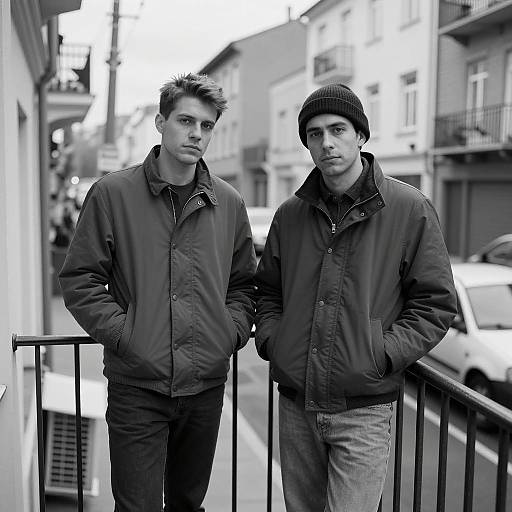 Two men leaning on balcony railing