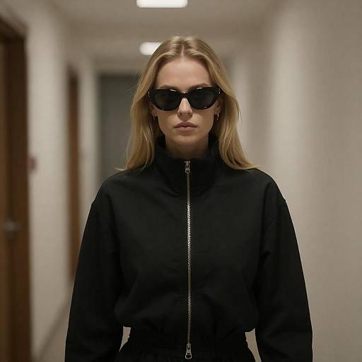 Blonde Woman in Dimly Lit Hallway