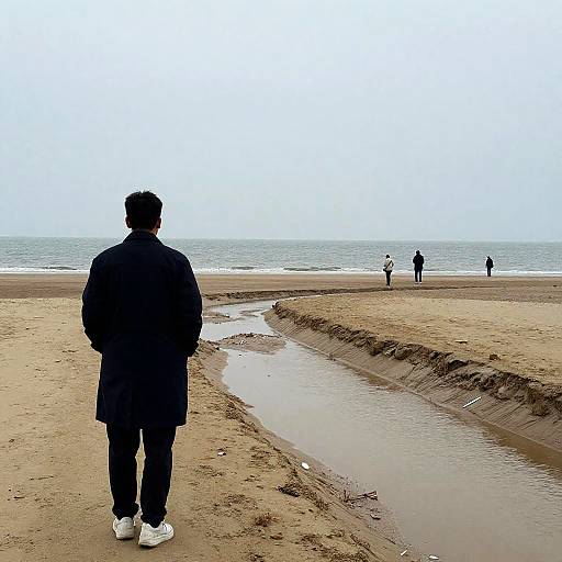 Person in Dark Coat on Moody Beach