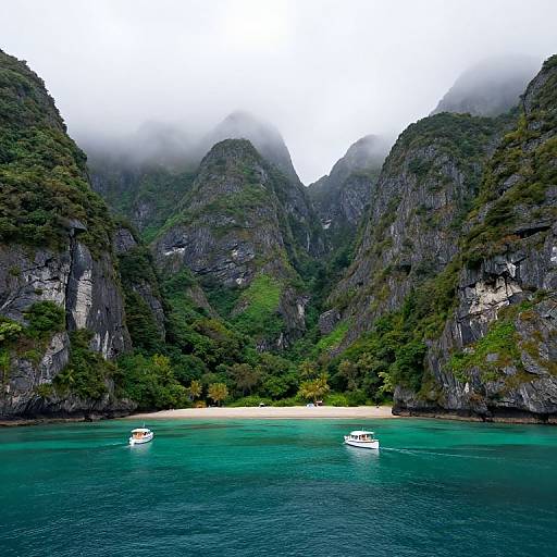 Photograph of turquoise bay with two white boats, surrounded by lush green, mist-covered limestone cliffs, and a small sandy beach.