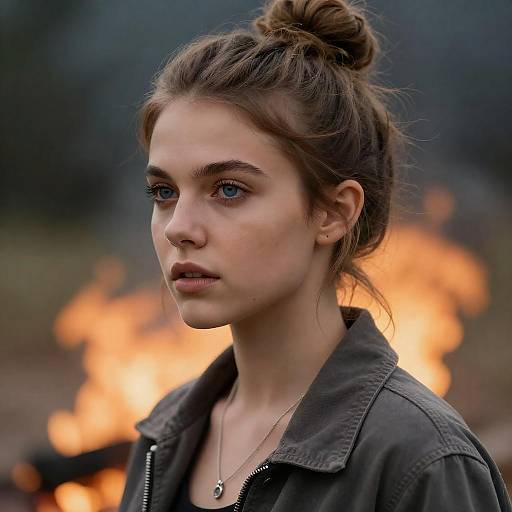 Young Woman with Messy Updo and Flames Background