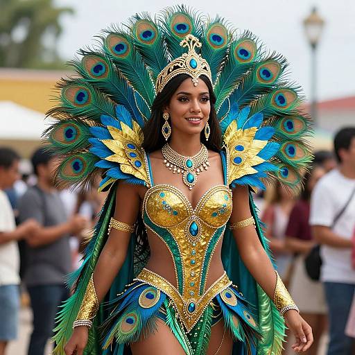 Peacock Costume Woman in Vibrant Scene