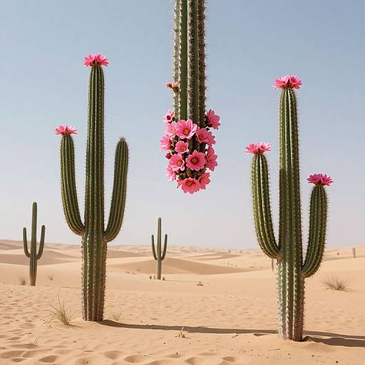 Photorealistic CGI of tall cacti with vivid pink flowers in a bright, sandy desert under a clear blue sky.