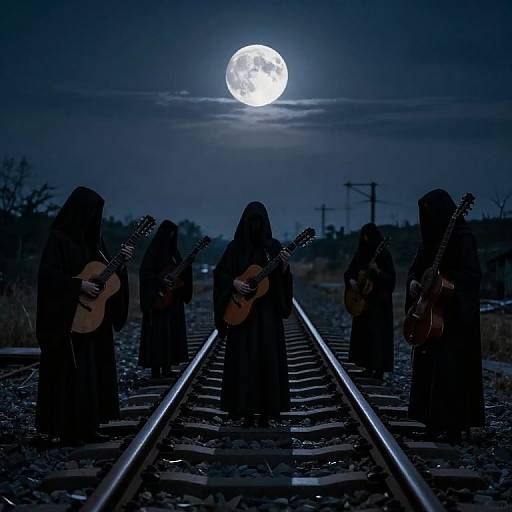 Photograph of five hooded figures playing guitars on a railway at night, with a full moon illuminating the dark sky.