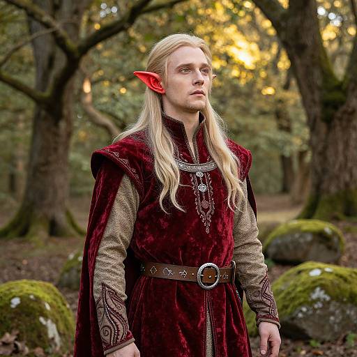 Photograph of a fair-skinned elf with long blonde hair, red pointy ears, wearing a red velvet tunic, brown belt, and forest