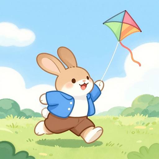 Cute cartoon bunny in blue jacket and brown shorts joyfully flies a colorful kite in a bright, sunny meadow.