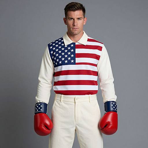 Photograph of a serious, athletic man with short brown hair, wearing a white shirt with an American flag design, white pants, and red boxing gloves