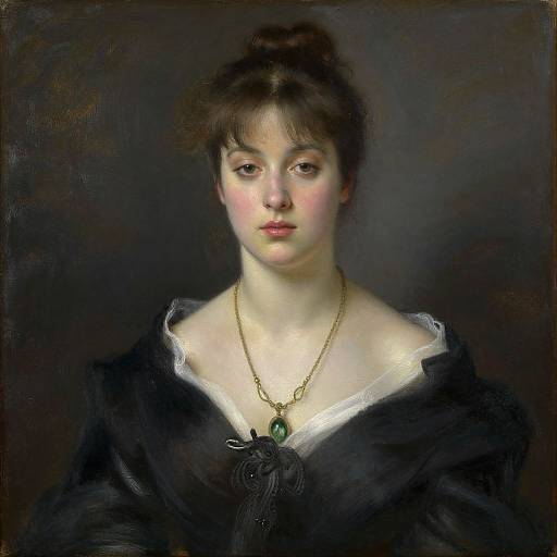 Realistic oil painting of a young woman with fair skin, brown hair in an updo, wearing a black dress with white lace, gold necklace,