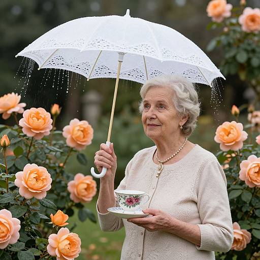 Photograph of elderly white woman with short gray hair, wearing beige lace blouse, holding white lace umbrella and floral teacup, surrounded by blooming
