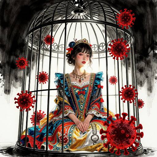 Digital art: Elegant woman with dark hair, colorful dress, and jewelry, sits in a birdcage surrounded by red flowers, illuminated by bright light