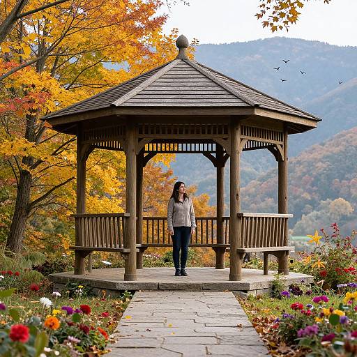 Photograph of a woman with long brown hair in a gray jacket and dark jeans standing in a wooden gazebo amidst autumn foliage, surrounded by colorful flowers