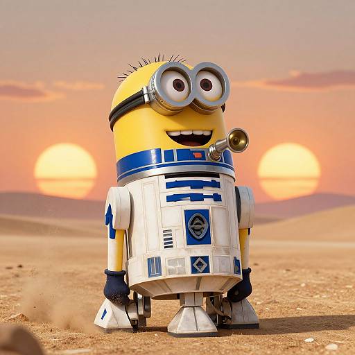 Photograph of Minion-style R2-D2 from Star Wars, standing in a desert at sunset, with two large suns in the background.