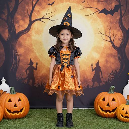 Photograph of a young girl in a Halloween witch costume, orange dress, black corset, black boots, and hat, standing in front of a