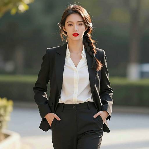 Confident Woman in Black Pant Suit Outdoors