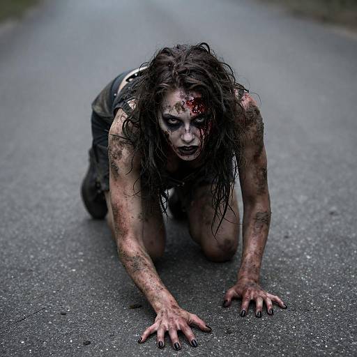 Zombie Woman Crawling on Asphalt