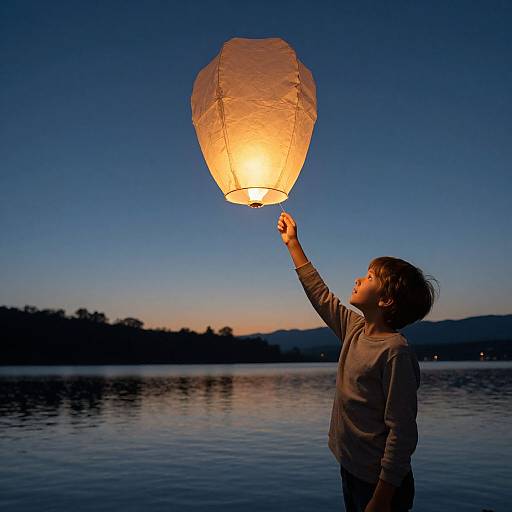 Photograph of a young boy with short brown hair, wearing a long-sleeve shirt, releasing a glowing paper lantern at twilight by a calm lake