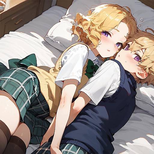 Anime Schoolgirls Lying on Bed