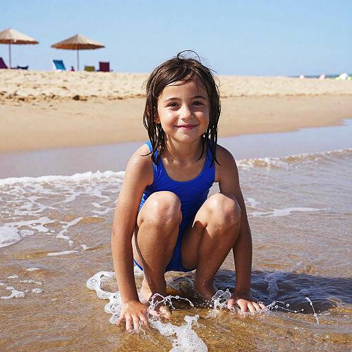 Photograph of a smiling young girl with wet brown hair, squatting in shallow beach water, wearing a blue swimsuit, with sandy beach and umb