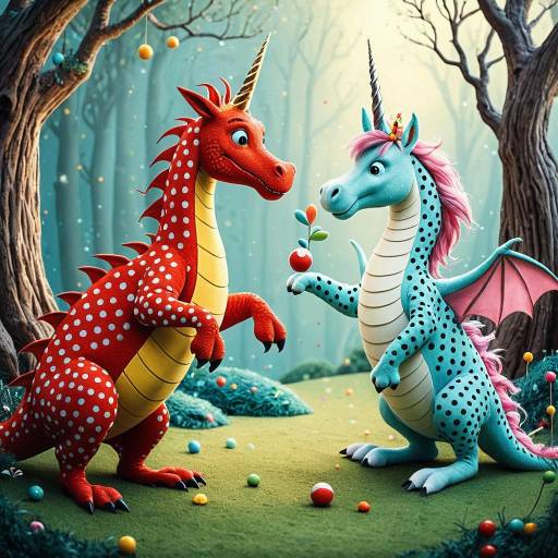 Whimsical Dragon and Unicorn in Polka-Dot Forest
