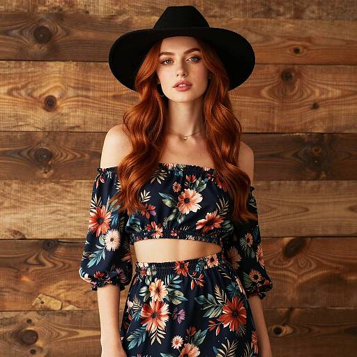 Photograph of a fair-skinned, red-haired woman in a black hat, off-shoulder floral crop top, and matching skirt, standing against