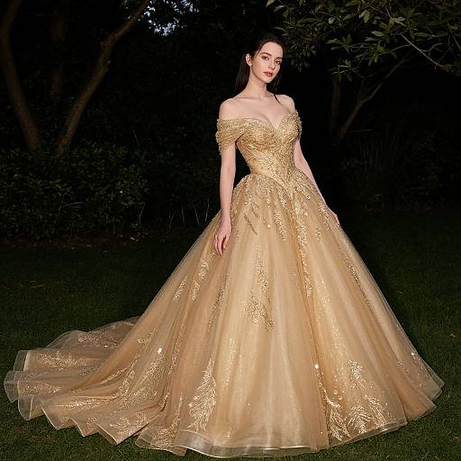 Photograph of a fair-skinned woman with dark hair in an off-shoulder, golden, intricately embroidered ball gown with a long train,