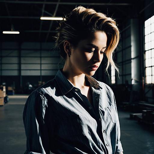 Female Model with Twist Fade Hairstyle in Industrial Warehouse