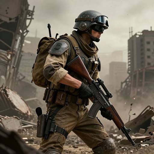 Photograph-style digital art of a male soldier in tactical gear, helmet, and goggles, holding a rifle in a war-torn urban landscape with rubble