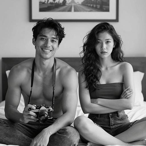 Black and White Portrait of Young Couple on Bed