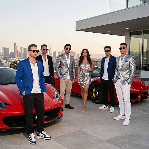 Photograph of six stylish individuals in silver and blue suits, sunglasses, and white shoes, standing beside red sports cars on a modern rooftop with city skyline