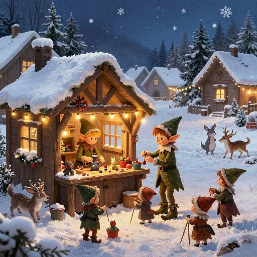 Whimsical Elf Toyshop in Snowy Village