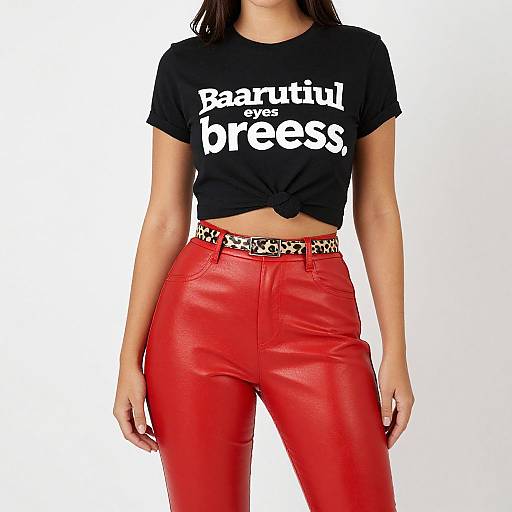 Photograph of a woman in a black tied-knot crop top with 