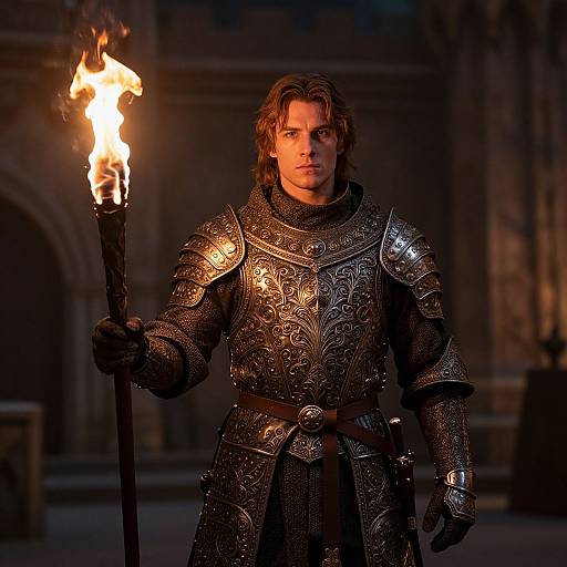Photograph of a handsome, brown-haired man in ornate, medieval armor holding a flaming torch in a dimly lit, stone-walled hall.