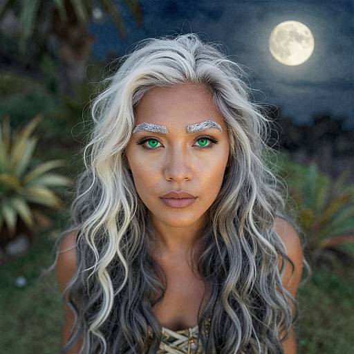 Photograph of a woman with long, wavy silver and black hair, green eyes, silver eyebrows, moonlit night background, and tropical plants.