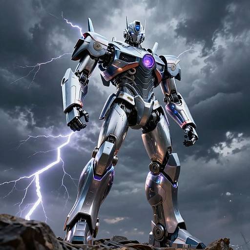 Photorealistic CGI of a towering, silver, lightning-embodied robotic warrior with glowing purple eyes, standing on rocky terrain under a stormy,