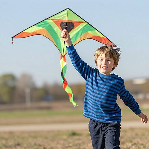 Photograph of a smiling young boy with brown hair, wearing a blue striped shirt and black pants, flying a colorful kite in a sunny, open field