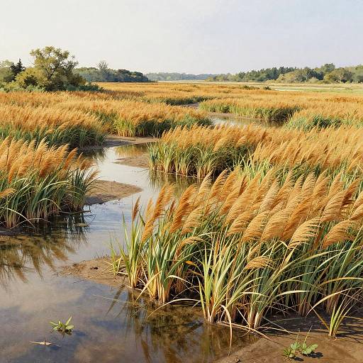 Realistic Watercolor Golden Reed Marsh