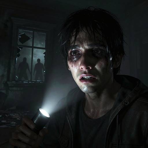 Photograph of a frightened, wet-haired young man with wide eyes, holding a flashlight, illuminated by its beam, in a dark, shadowy room